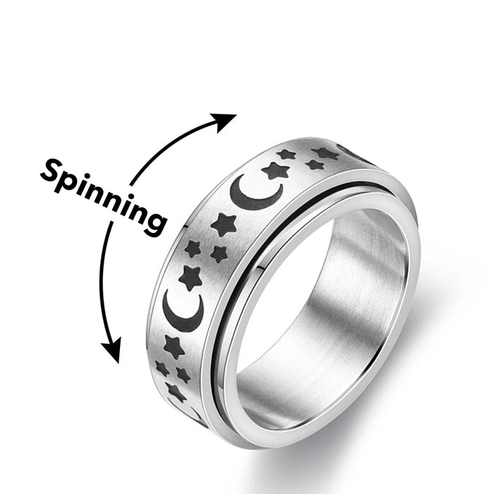 Silberner Edelstahl-Spinnring mit Mond- und Sternenmuster, drehbar, Herrenring.