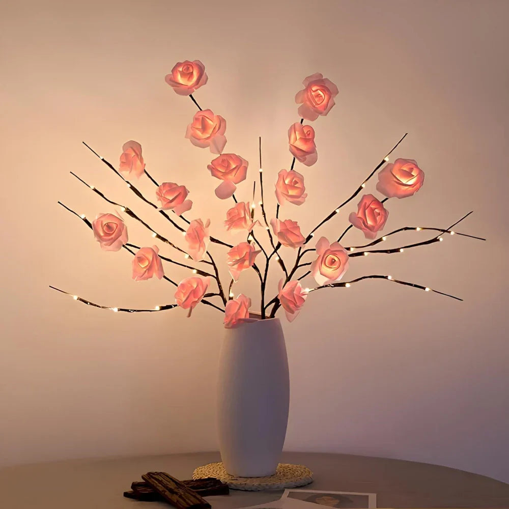 LED-Rosen-Lampe in Vase, warmweiß, dekorative Beleuchtung, Wohnzimmer, romantisch, modern.
