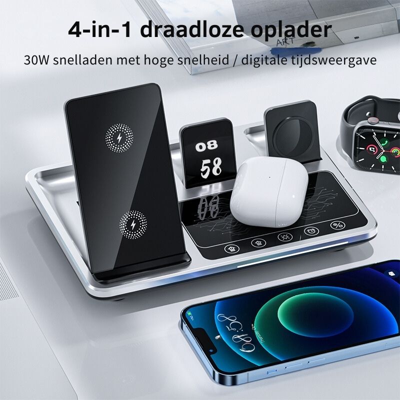 4-in-1 drahtloses Ladegerät, 30W, Schnellladung, digital, für Smartphone, Uhr, Kopfhörer.