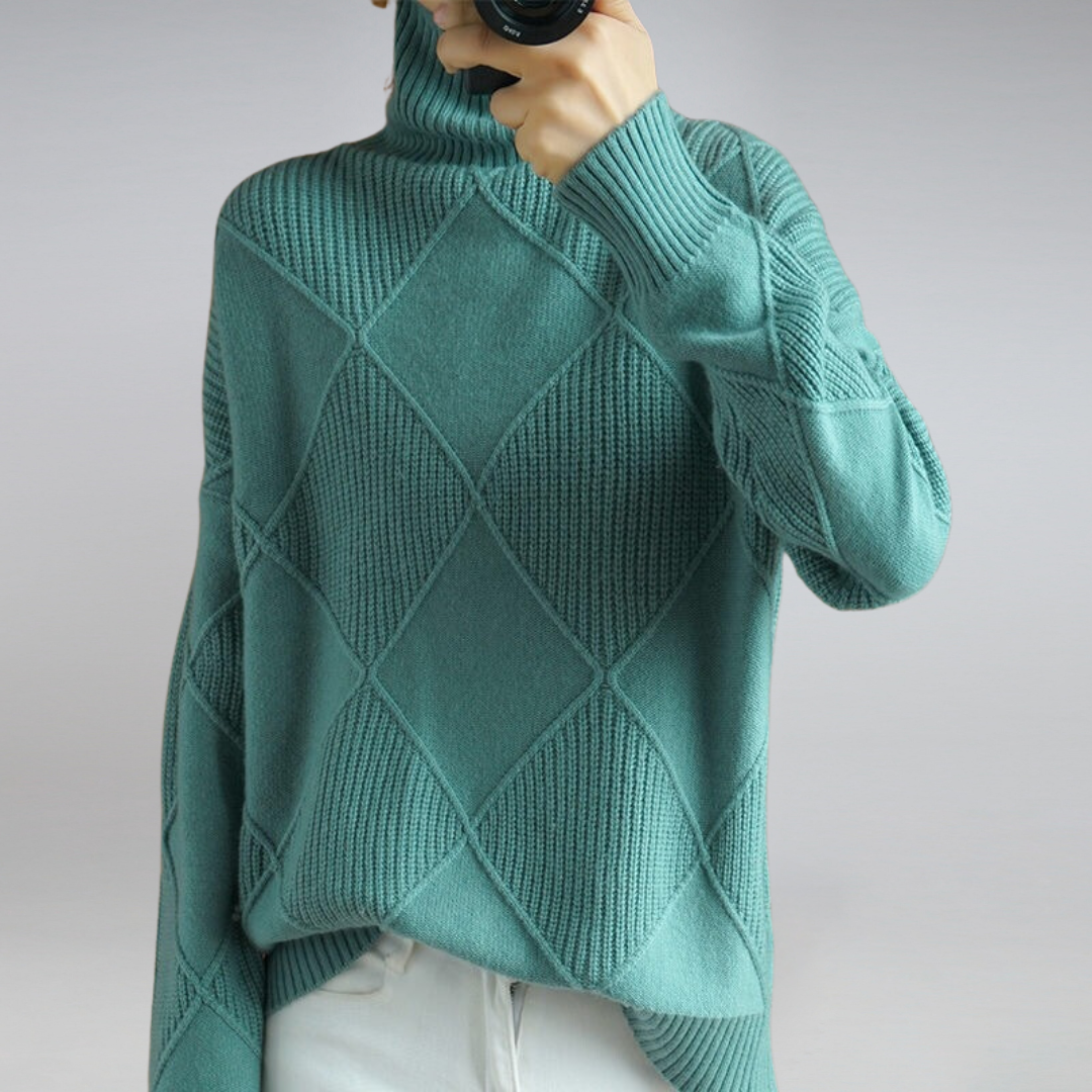 Grüner Rollkragenpullover Damen, Strickmuster, Wintermode, gemütlich, elegant, warm.