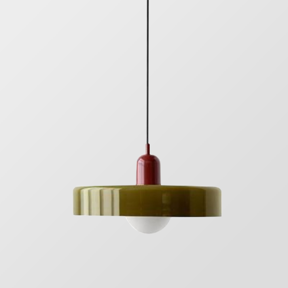 Moderne Hängelampe, olivgrün und rot, minimalistisches Design, Innenbeleuchtung, E27-Fassung.