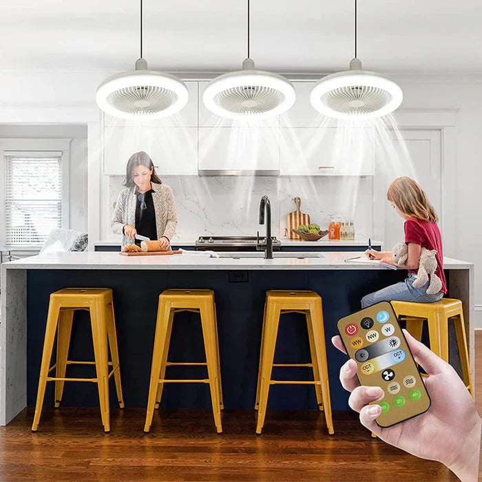 Moderne Küche mit gelben Barhockern, LED-Deckenventilatoren und Fernbedienung.