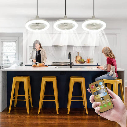 Moderne Küche mit gelben Barhockern, LED-Deckenventilatoren und Fernbedienung.