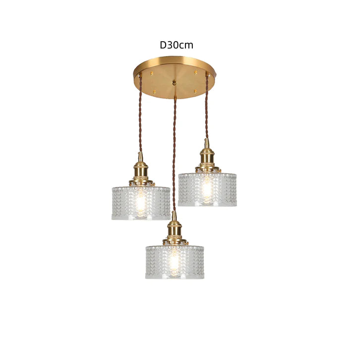 Dreiflammige Pendelleuchte, goldfarben, Glaslampenschirme, 30 cm Durchmesser, modern.