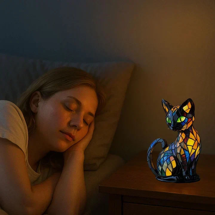 Katten lyser på ett nattduksbord i skymningsljus medan en kvinna sover på en kudde bredvid 5