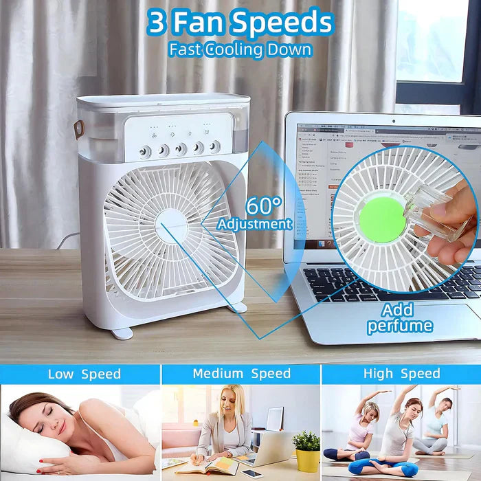 Weißer Tischventilator mit drei Geschwindigkeiten, 60° verstellbar, Duftfunktion, USB-Anschluss.
