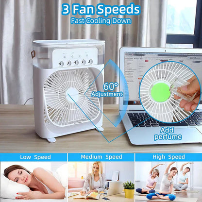 Weißer Tischventilator mit drei Geschwindigkeiten, 60° verstellbar, Duftfunktion, USB-Anschluss.