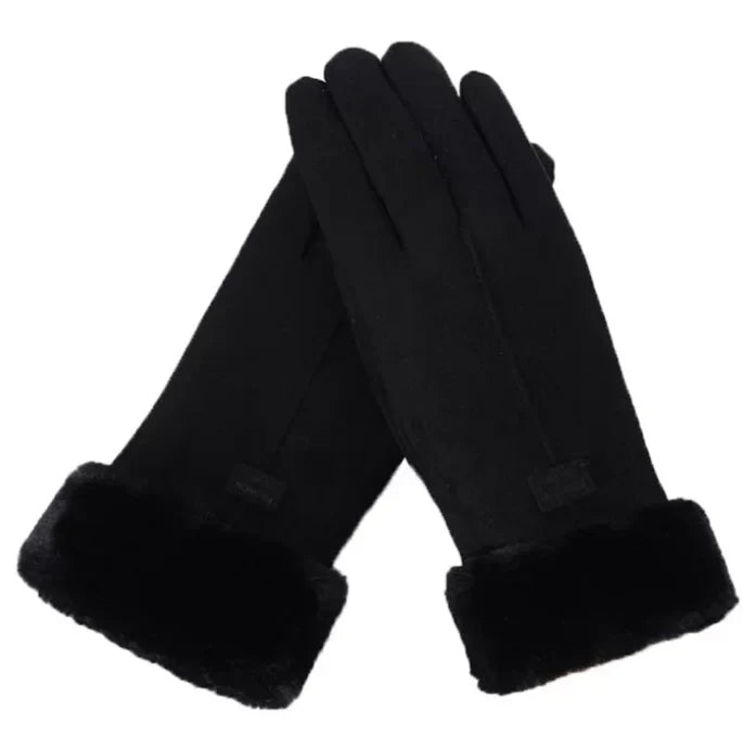 Schwarze Damenhandschuhe mit Kunstfell, elegant, warm, Winteraccessoire, modisch.