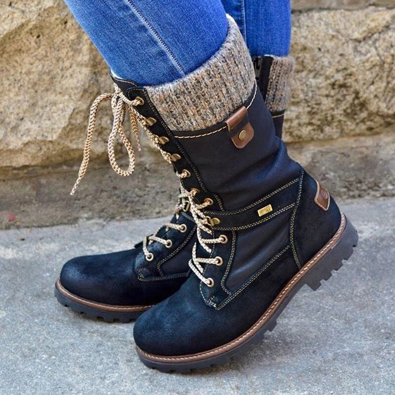 Damen Winterstiefel schwarz, Leder, Schnürung, warme Fütterung, Outdoor, robust, modisch.