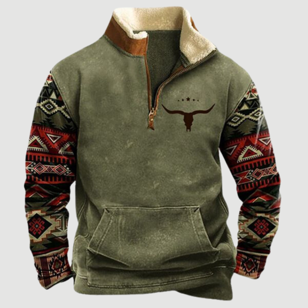 Grüner Herrenpullover mit Aztekenmuster, Reißverschluss, Langarm, Baumwolle, Wintermode.