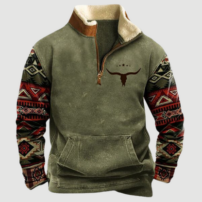 Grüner Herrenpullover mit Aztekenmuster, Reißverschluss, Langarm, Baumwolle, Wintermode.