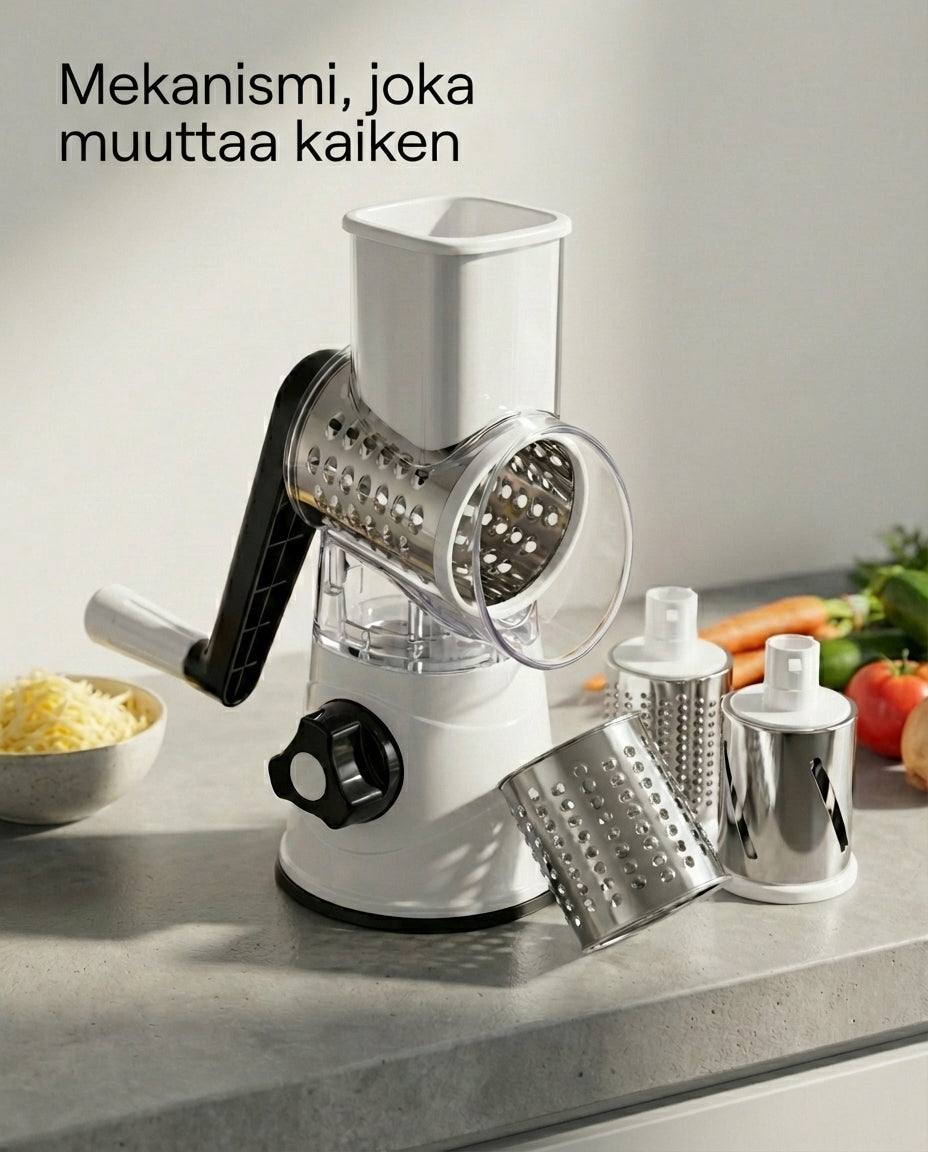 Vit hackare med svart vev på en grå bänk, med tre utbytbara trummor framför sig, en skål riven ost och grönsaker bakom. 5