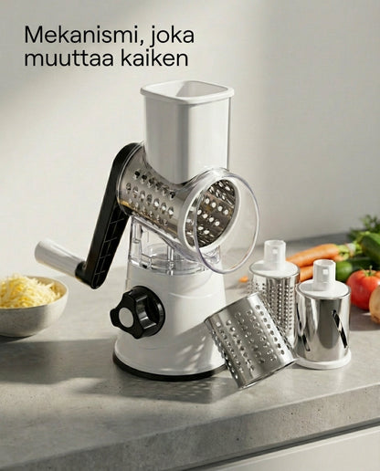 Vit hackare med svart vev på en grå bänk, med tre utbytbara trummor framför sig, en skål riven ost och grönsaker bakom. 5