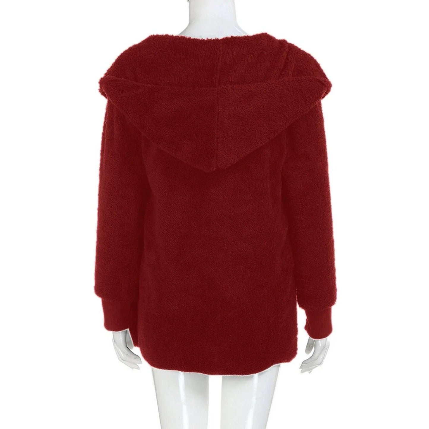 Roter Damen-Fleece-Hoodie, kuschelig, langärmelig, Kapuze, Rückansicht, Wintermode.