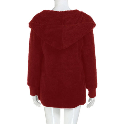 Roter Damen-Fleece-Hoodie, kuschelig, langärmelig, Kapuze, Rückansicht, Wintermode.