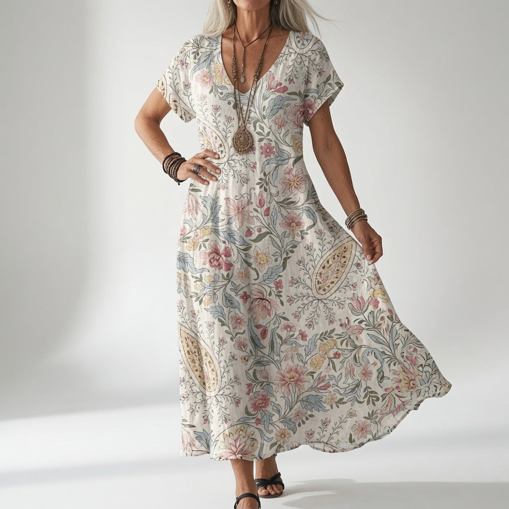 Kvinna i ljus klänning med fintecknat mönster av rosa och blå blommor och paisley, burna med långa halsband och sandaler. 1