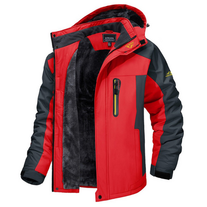 Rote Herren-Skijacke, wasserdicht, winddicht, mit Kapuze und Reißverschlusstasche.