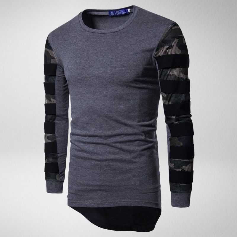 Graues Herren-Langarmshirt mit Tarnmuster-Ärmeln, Baumwolle, modisch, lässig.