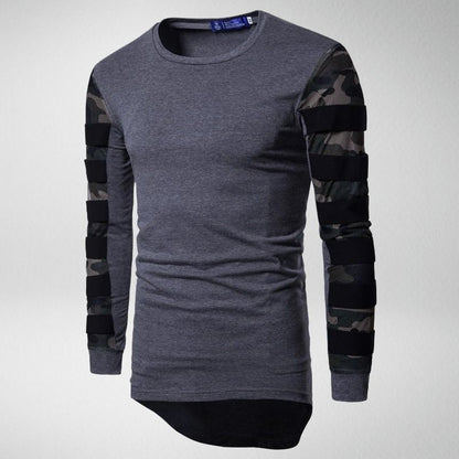 Graues Herren-Langarmshirt mit Tarnmuster-Ärmeln, Baumwolle, modisch, lässig.