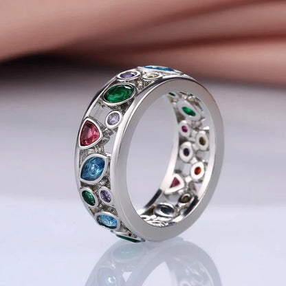 Silberring mit bunten Edelsteinen, Schmuck, Damenring, modisch, elegant, Accessoire, Geschenkidee.