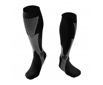 Schwarze Kompressionsstrümpfe, kniehoch, atmungsaktiv, Sport, Unisex, elastisch.