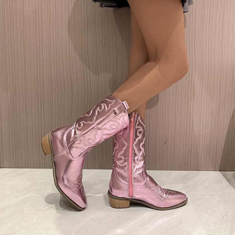 Rosa Cowboystiefel Damen, Leder, Stickerei, modisch, Westernstiefel, trendig, bequem