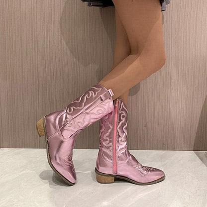 Rosa Cowboystiefel Damen, Leder, Stickerei, modisch, Westernstiefel, trendig, bequem