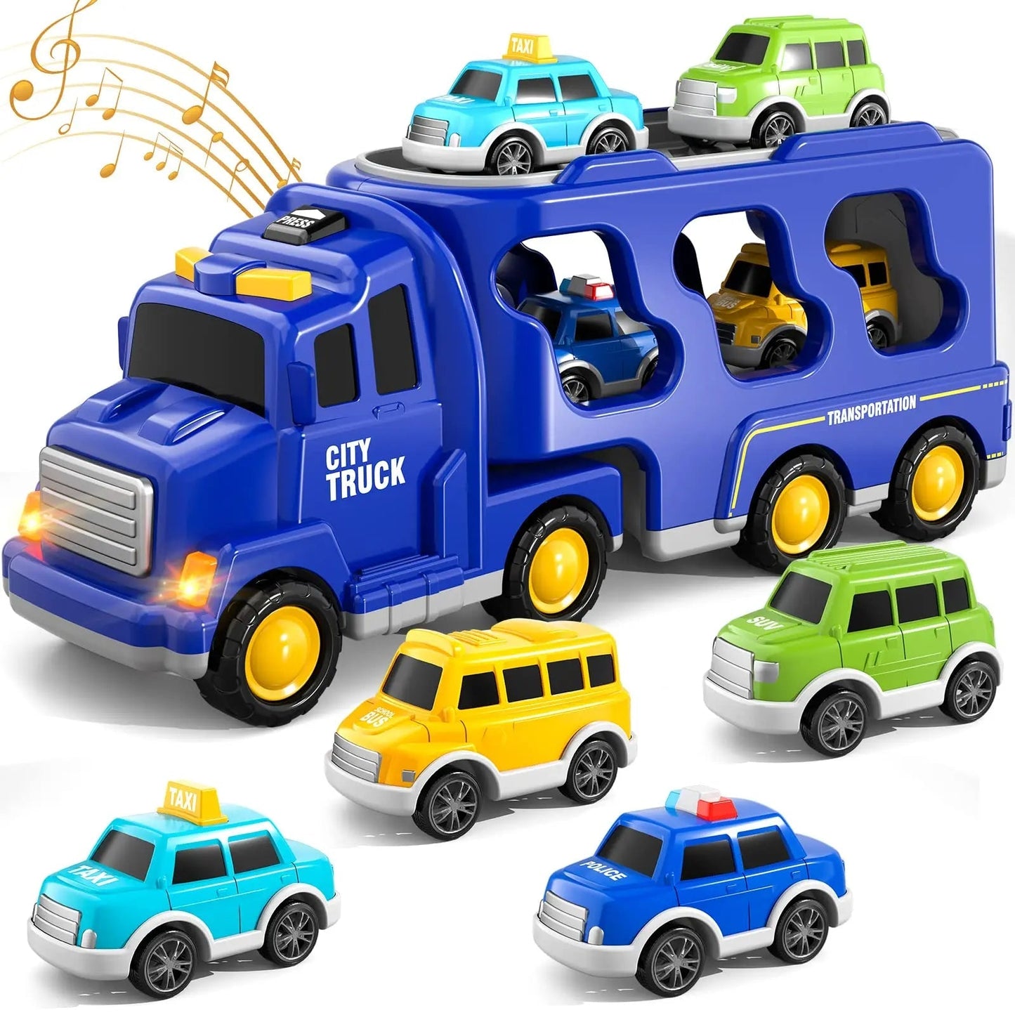 Blauer Spielzeug-LKW mit bunten Autos, Musiknoten, Kinderfahrzeuge, Transporter, Kunststoff.