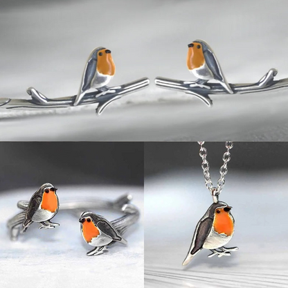 Silberne Rotkehlchen-Schmuckset: Ohrringe, Ring, Halskette, handgefertigt, Emaille, Geschenkidee.