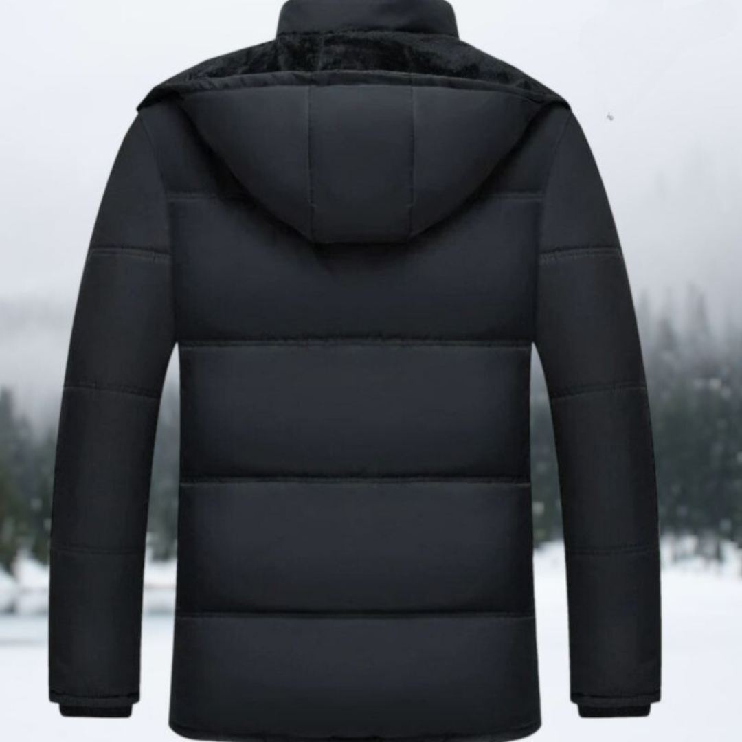 Schwarze Winterjacke mit Kapuze, gesteppte Daunenoptik, warm, wetterfest, Herrenmode.