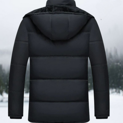 Schwarze Winterjacke mit Kapuze, gesteppte Daunenoptik, warm, wetterfest, Herrenmode.