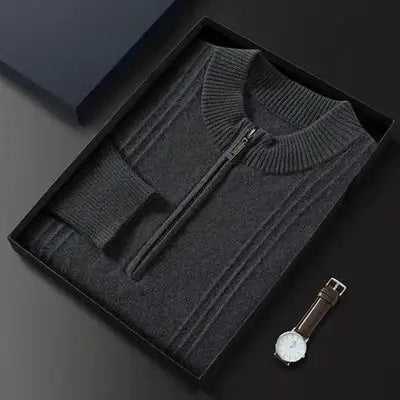 Dunkelgrauer Herrenpullover mit Reißverschluss, Strick, elegant, Geschenkbox, Uhr.