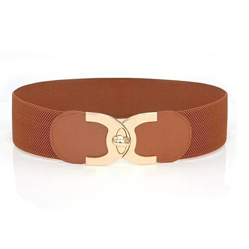 Brauner elastischer Gürtel mit goldener Schnalle, Damenmode-Accessoire, elegant und stilvoll.