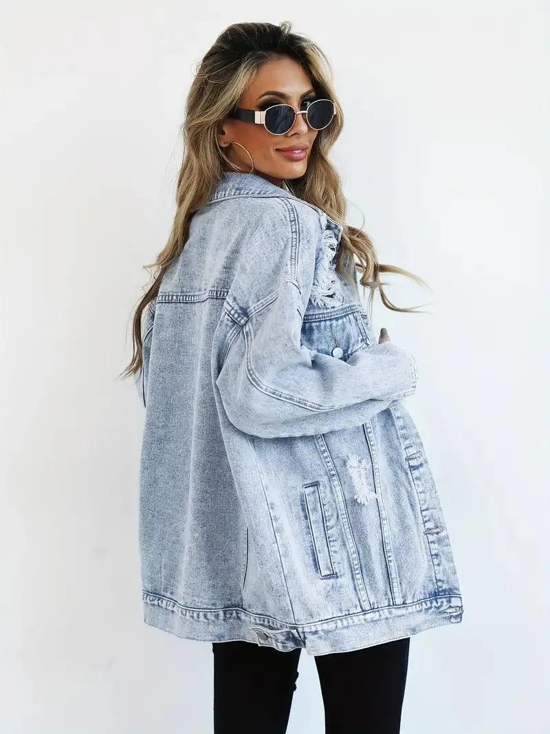 Vattentålig & Fodrad Oversized Dam Jeansjacka med Huva – Höstunderverk Talia