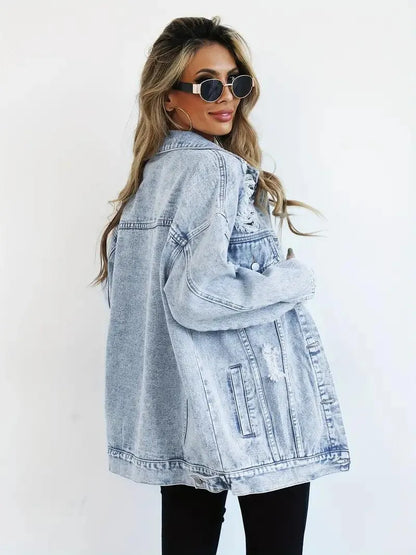 Vattentålig & Fodrad Oversized Dam Jeansjacka med Huva – Höstunderverk Talia