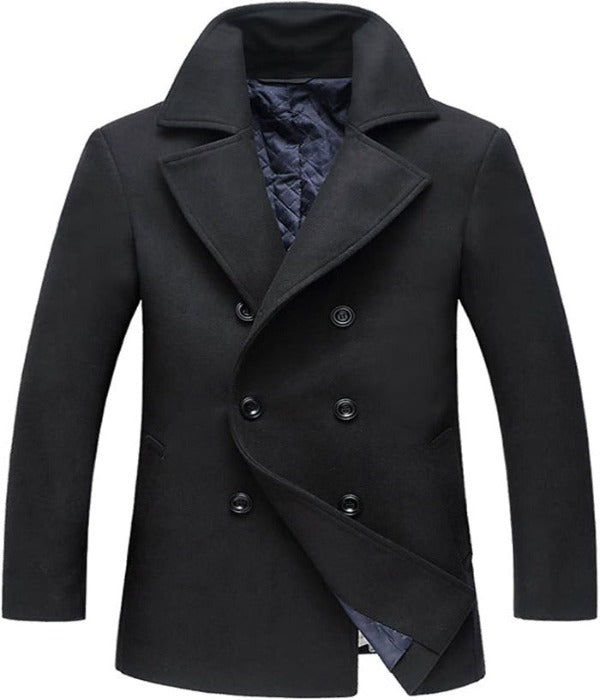 Schwarzer Herren-Wollmantel, zweireihig, klassischer Stil, Wintermode, warm gefüttert.