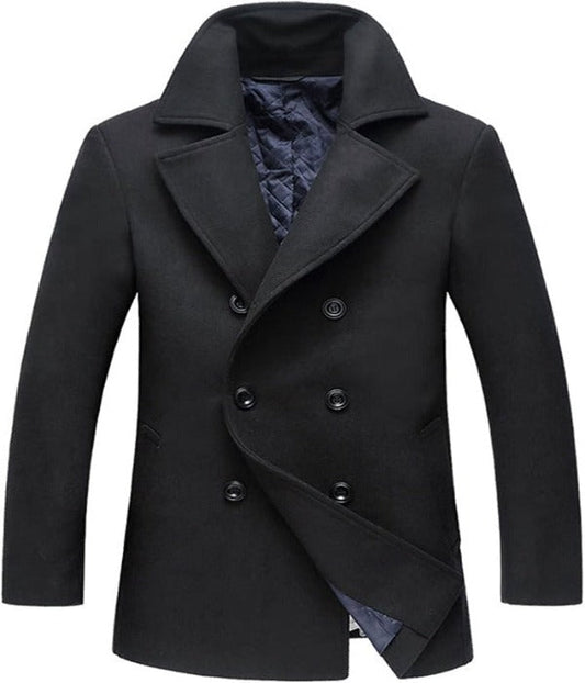 Schwarzer Herren-Wollmantel, zweireihig, klassischer Stil, Wintermode, warm gefüttert.