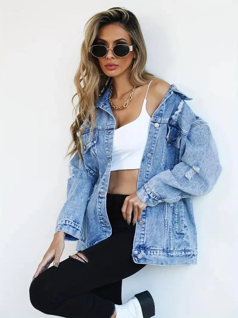 Vattentålig & Fodrad Oversized Dam Jeansjacka med Huva – Höstunderverk Talia