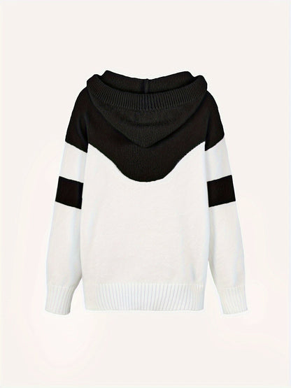 Schwarz-weißer Kapuzenpullover, Strick, Unisex, modisch, warm, Freizeitkleidung.