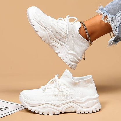 Weiße Sneaker Damen, Strickmaterial, klobige Sohle, modisch, bequem, Freizeitmode.