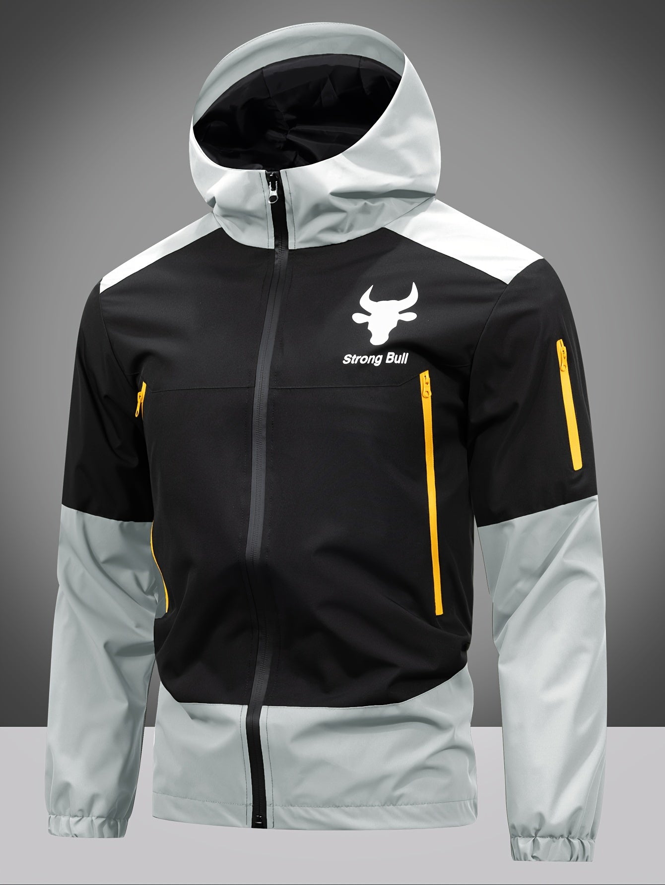 Schwarz-graue Herren-Softshelljacke mit Kapuze, gelben Reißverschlüssen, Outdoor-Bekleidung