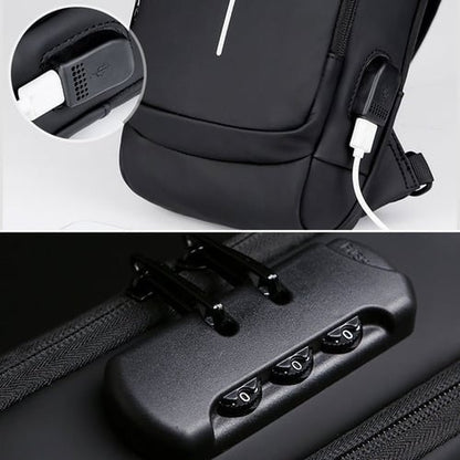 Schwarzer Rucksack mit USB-Anschluss und Zahlenschloss, ideal für Reisen und Sicherheit.