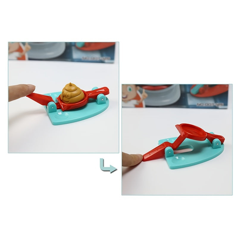 Rotes und blaues Spielzeug-Katapult mit brauner Kacke-Figur, Kinder-Spielzeug, lustig.