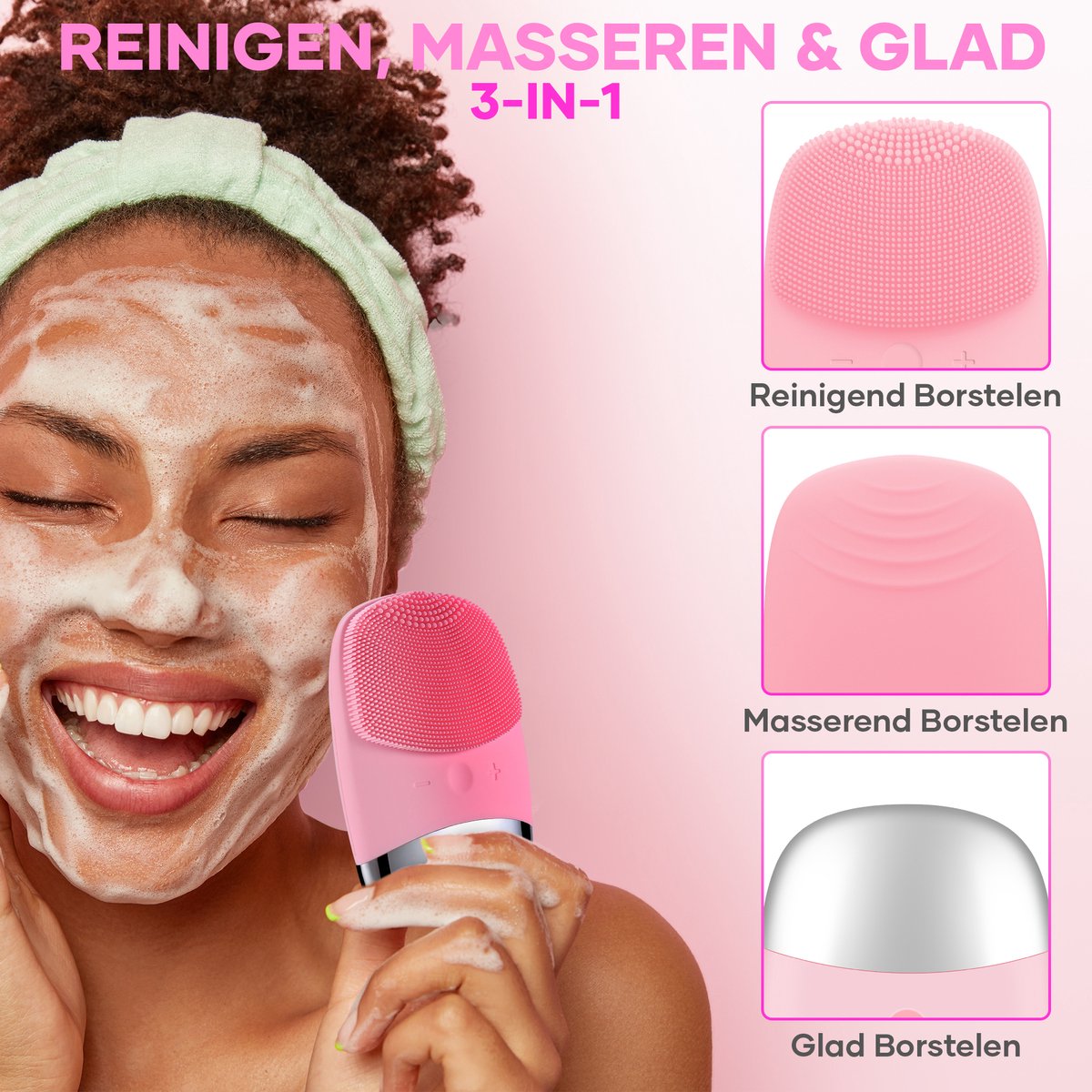 Rosa 3-in-1 Gesichtsreinigungsbürste, Silikon, Massagefunktion, Hautpflegegerät.