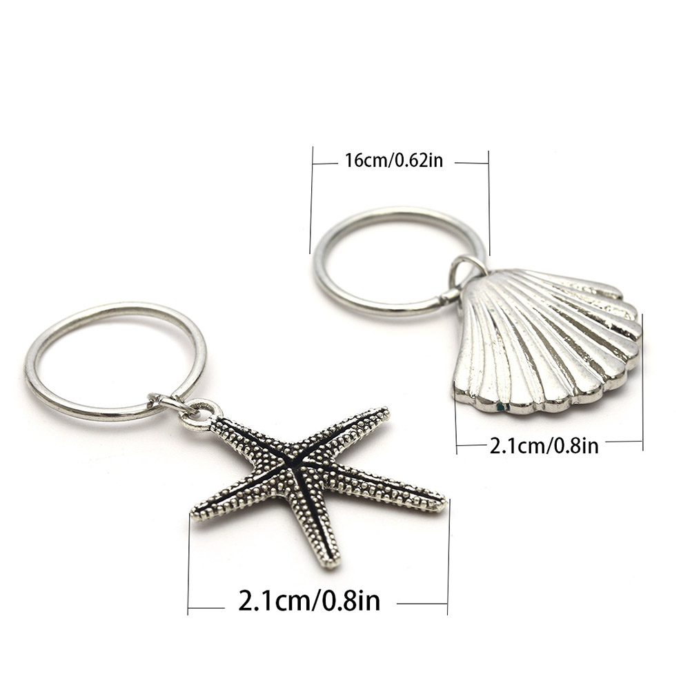 Silberne Schlüsselanhänger mit Seestern und Muschel, 2,1 cm, Vintage-Stil.