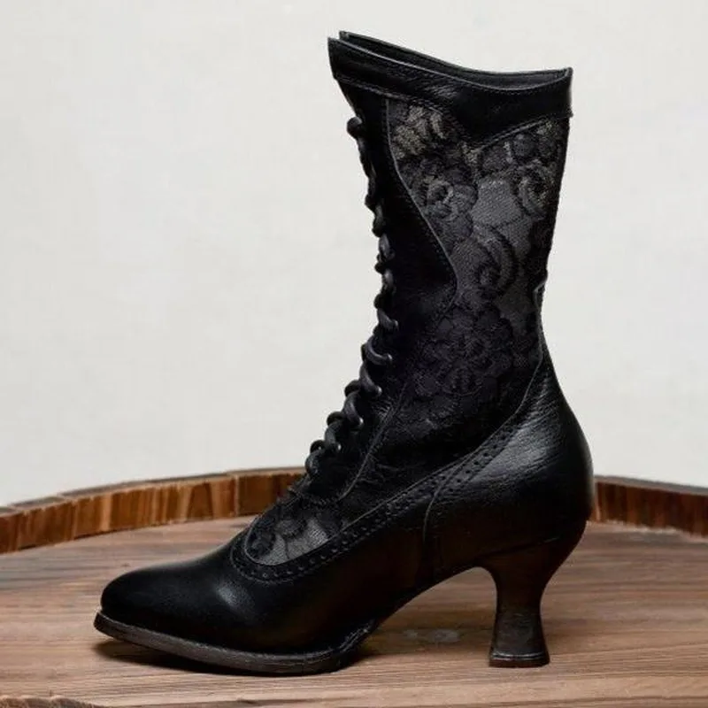 Schwarze Vintage-Damenstiefeletten, viktorianisch, spitze Zehen, Schnürung, PU, hoher Absatz.