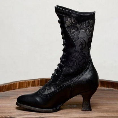 Schwarze Vintage-Damenstiefeletten, viktorianisch, spitze Zehen, Schnürung, PU, hoher Absatz.
