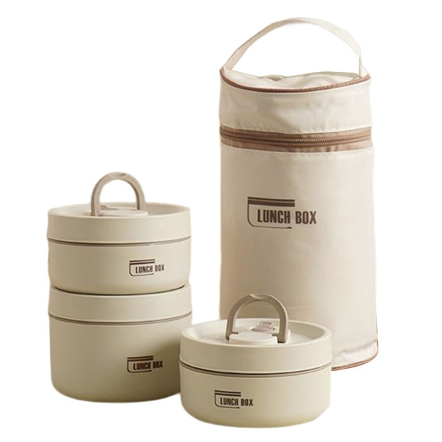Thermische Lunchbox Set, beige, 3 Fächer, mit Aufbewahrungstasche, Bento Box, isoliert.