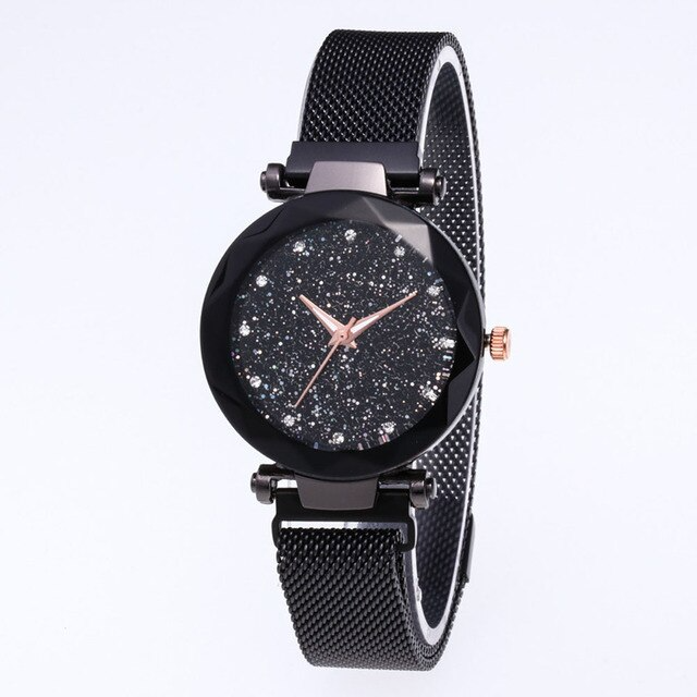 Schwarze Damen-Armbanduhr mit Sternenhimmel-Zifferblatt, Quarzwerk, elegantes Design.