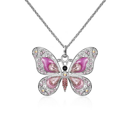 Silberne Schmetterling Halskette mit rosa Kristallen, Damen Schmuck, Party Geschenk.